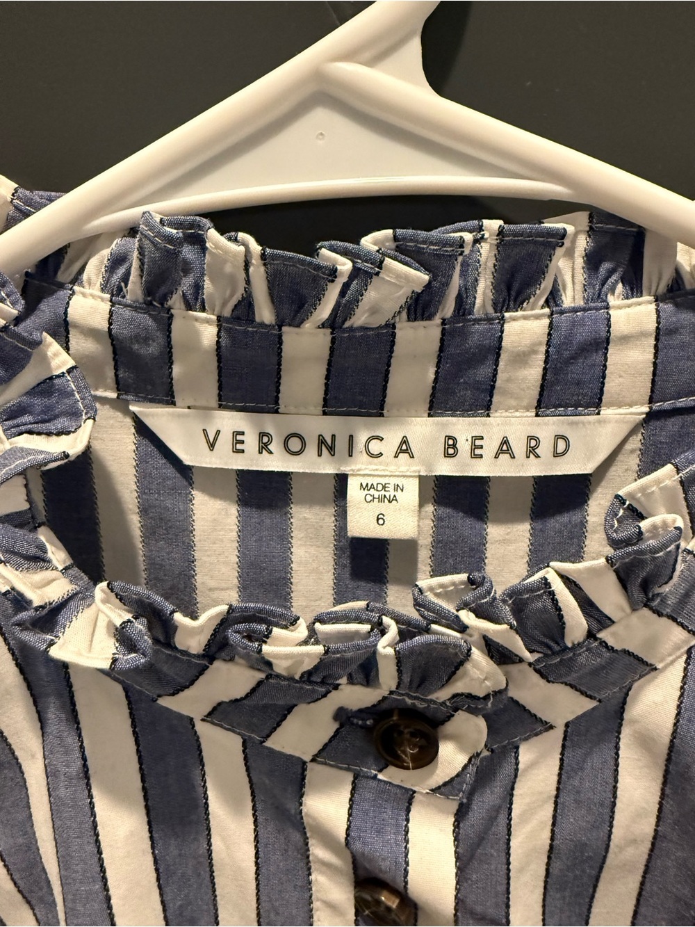Veronica Beard Holli Blue and White Striped Ruffle Collar Button-Down Shirt - Picture 8 of 8